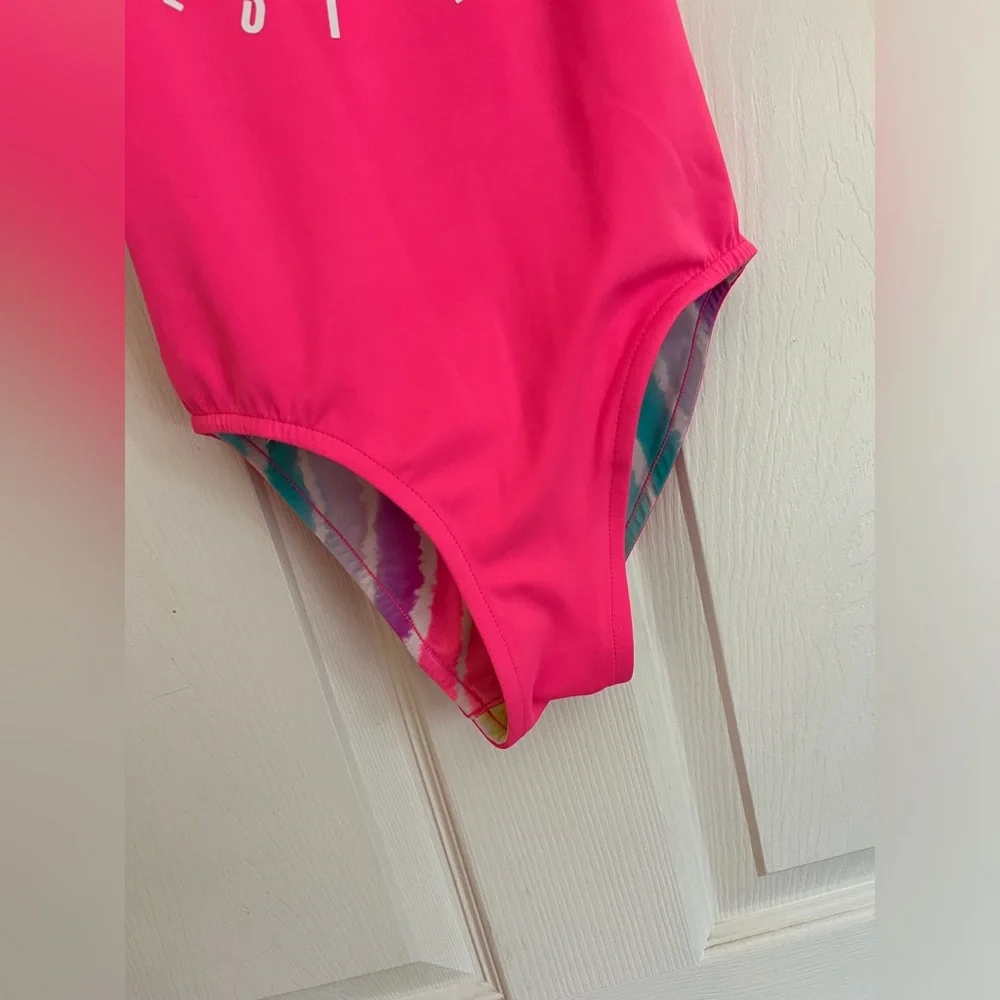 Girls Bright Pink & Rainbow Stripe Reversible Justice Swim Suit Sz 10/12